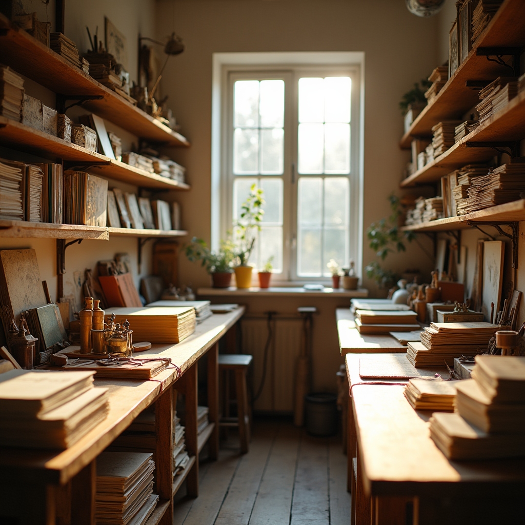 Tavolo del laboratorio di legatoria con strumenti artigianali