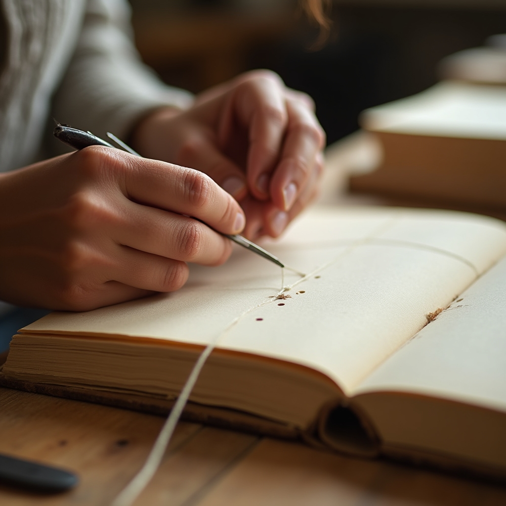 Mani che cuciono fogli di carta con ago e filo