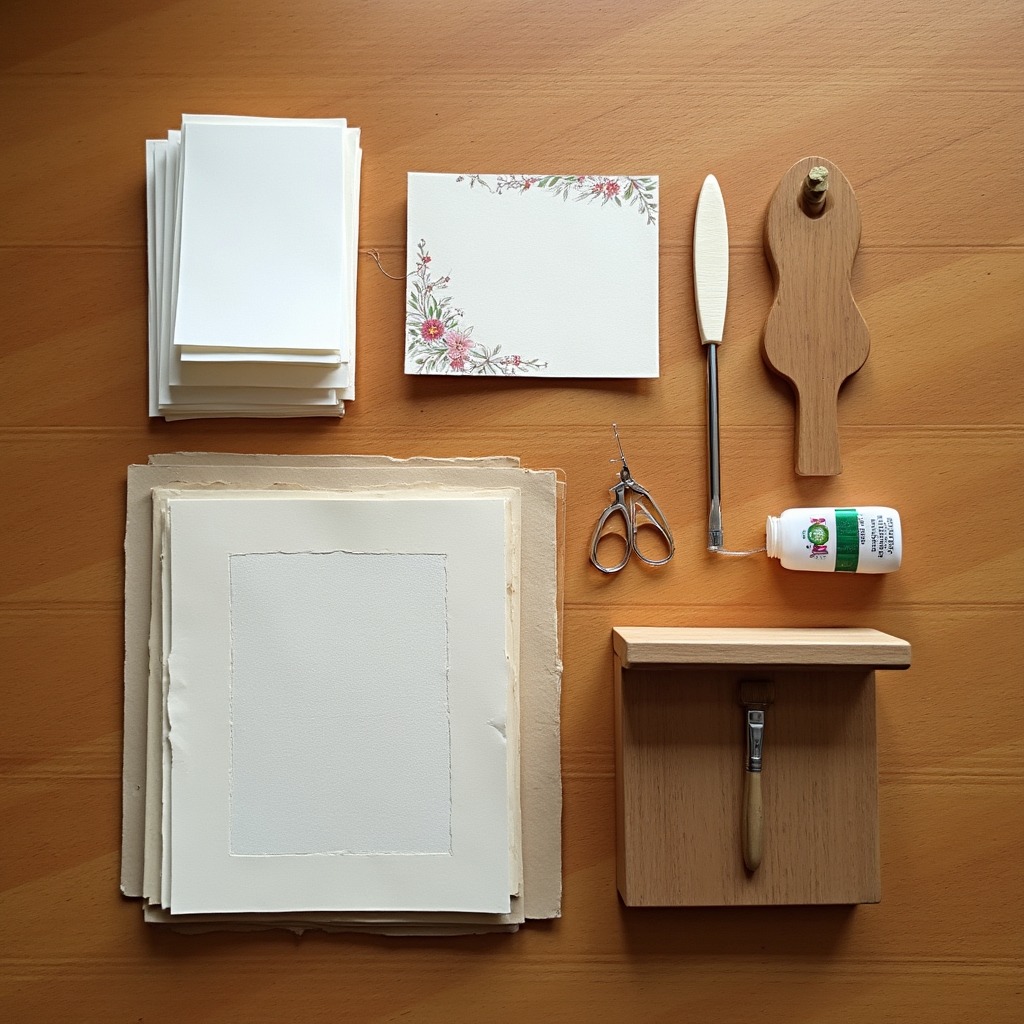 Tavolo preparato con materiali di legatoria disposti ordinatamente per un workshop